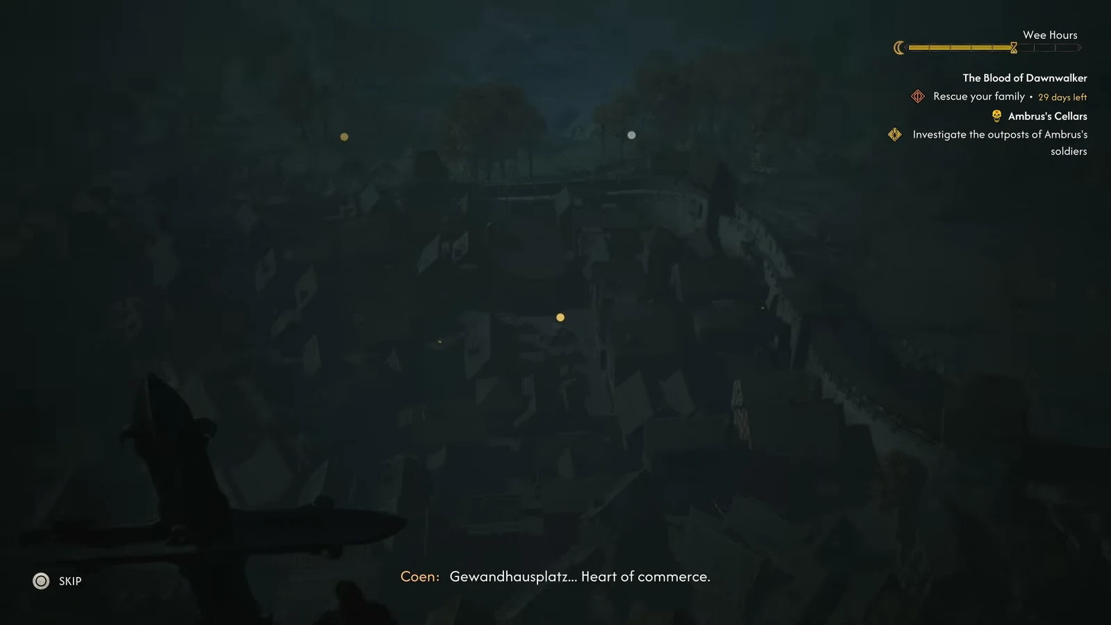 Gewandhausplatz scouting cinematic with objectives still shown on the right side of the screen