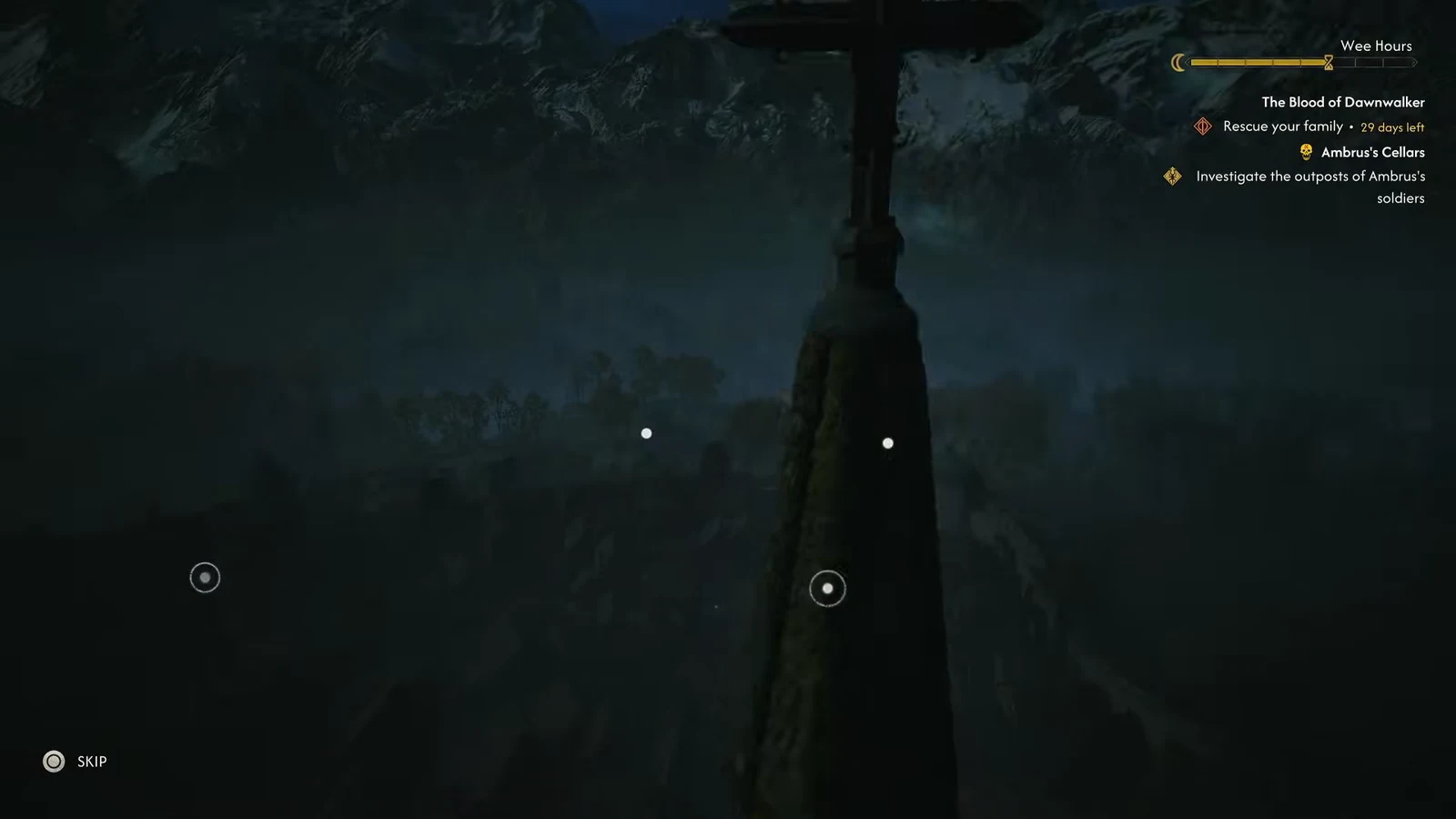 Nighttime scouting cinematic plays over Svartrau City with the Skip prompt in the corner