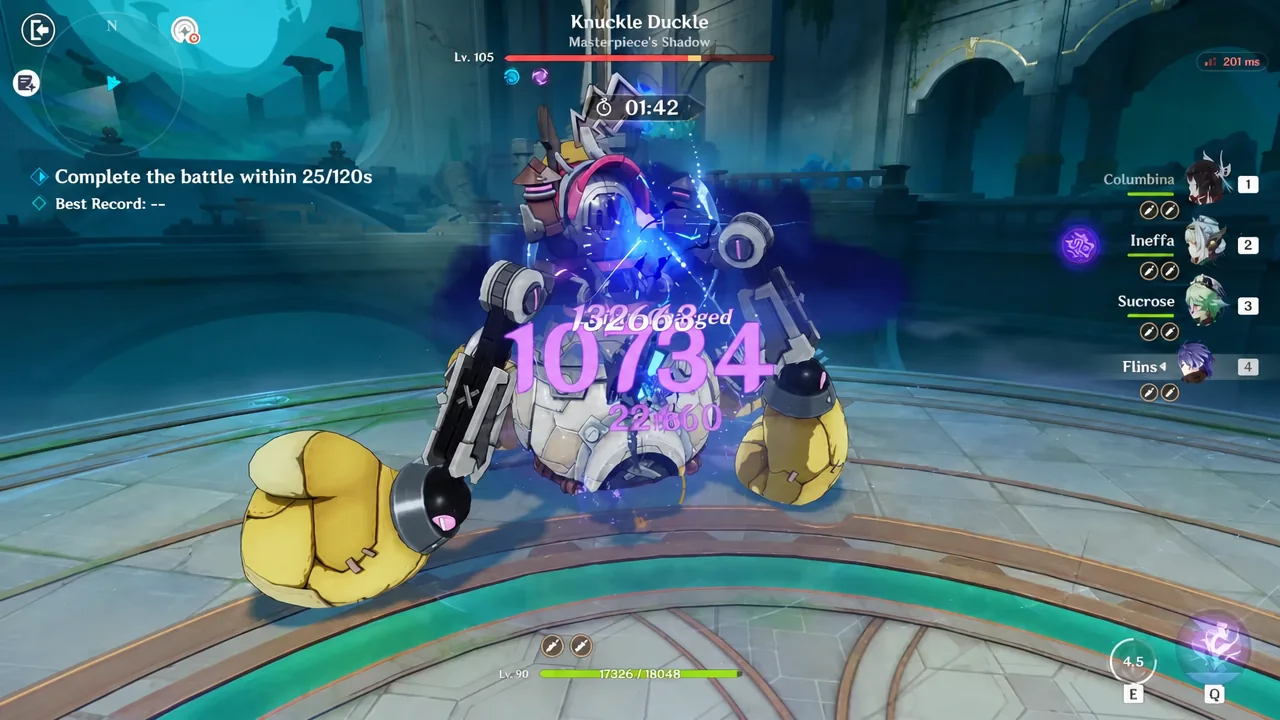 Knuckle Duckle boss taking damage during a timed Level 105 combat trial