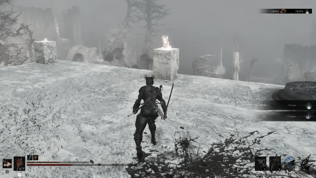 Crossing a snowy rooftop on the way down to the dungeon entrance with Gloom and Glimpse pickups on the HUD