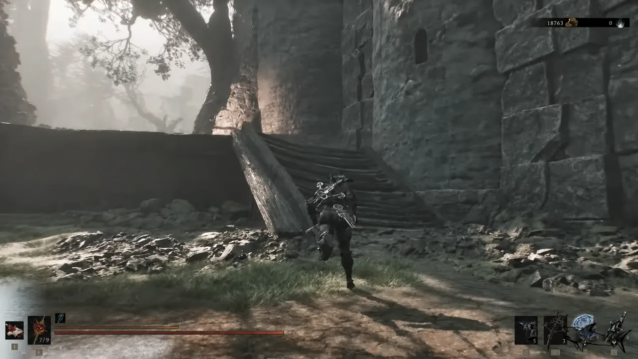 Player sprinting toward the stone staircase running alongside the keep wall on the route south