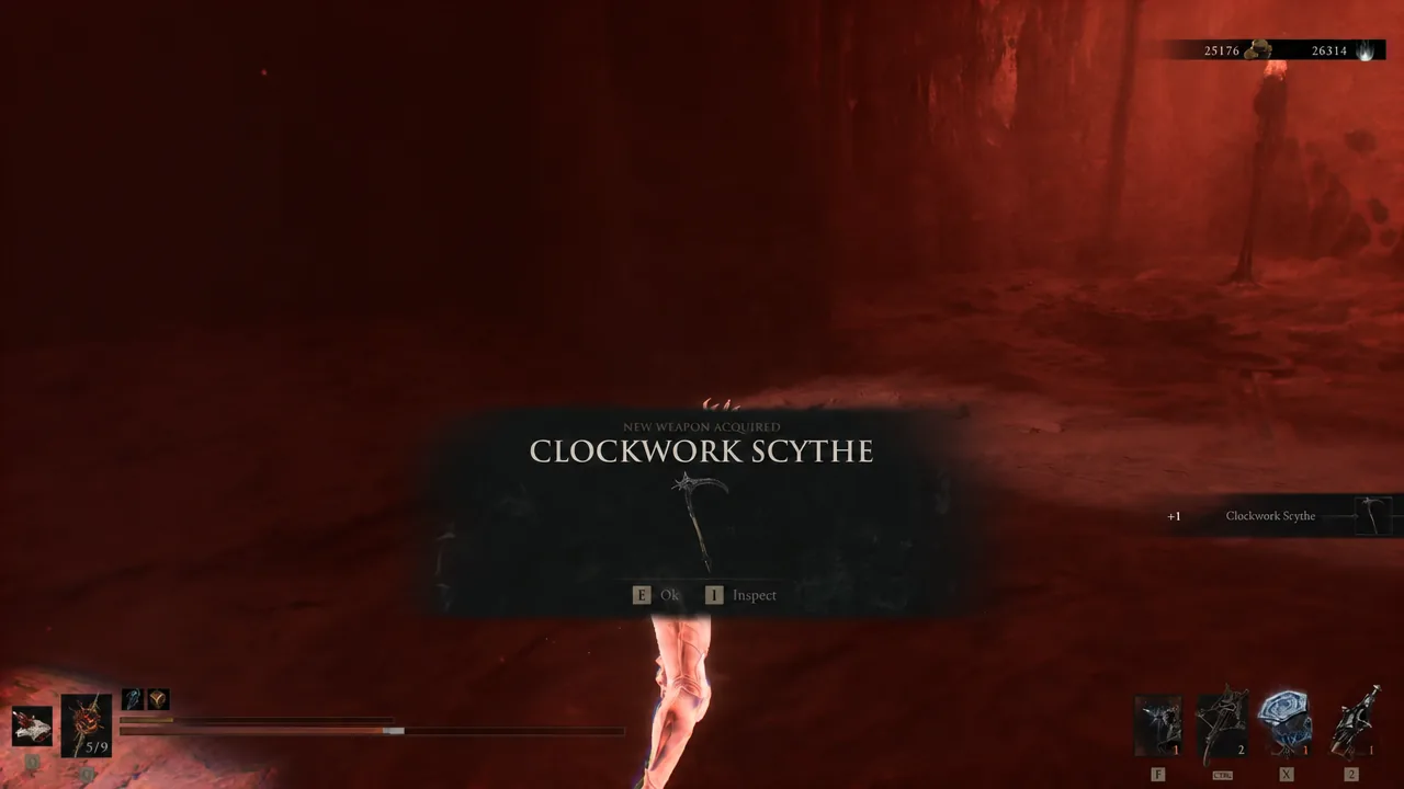Clockwork Scythe pickup and the Unknown Shell lying on the arena floor after the fight