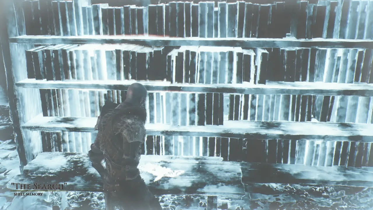 The Search shell memory objective on screen as the character inspects the icy wall in the frozen library