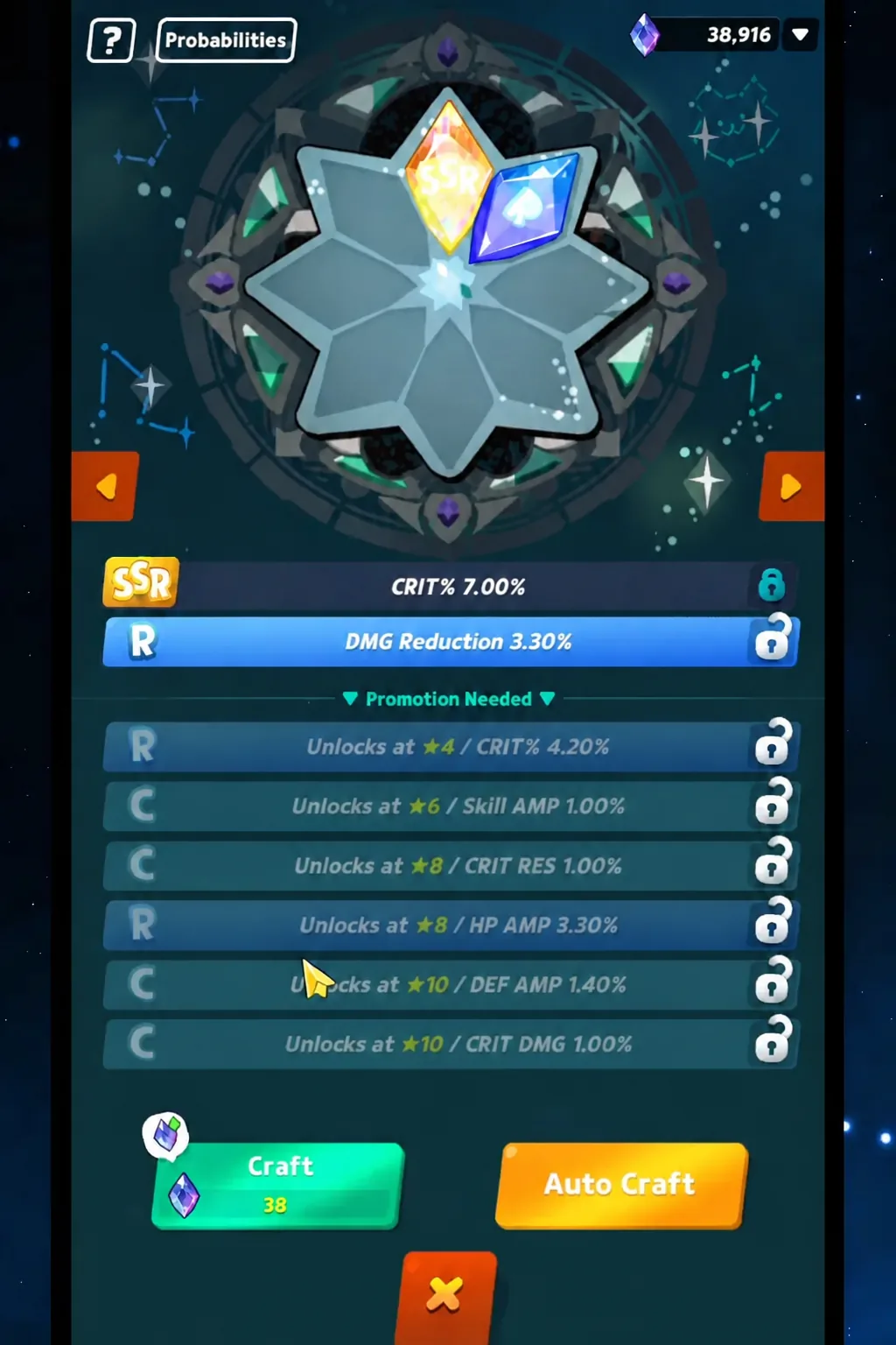 Probabilities screen showing a locked DEF AMP 1.40% craft bonus and its unlock requirement