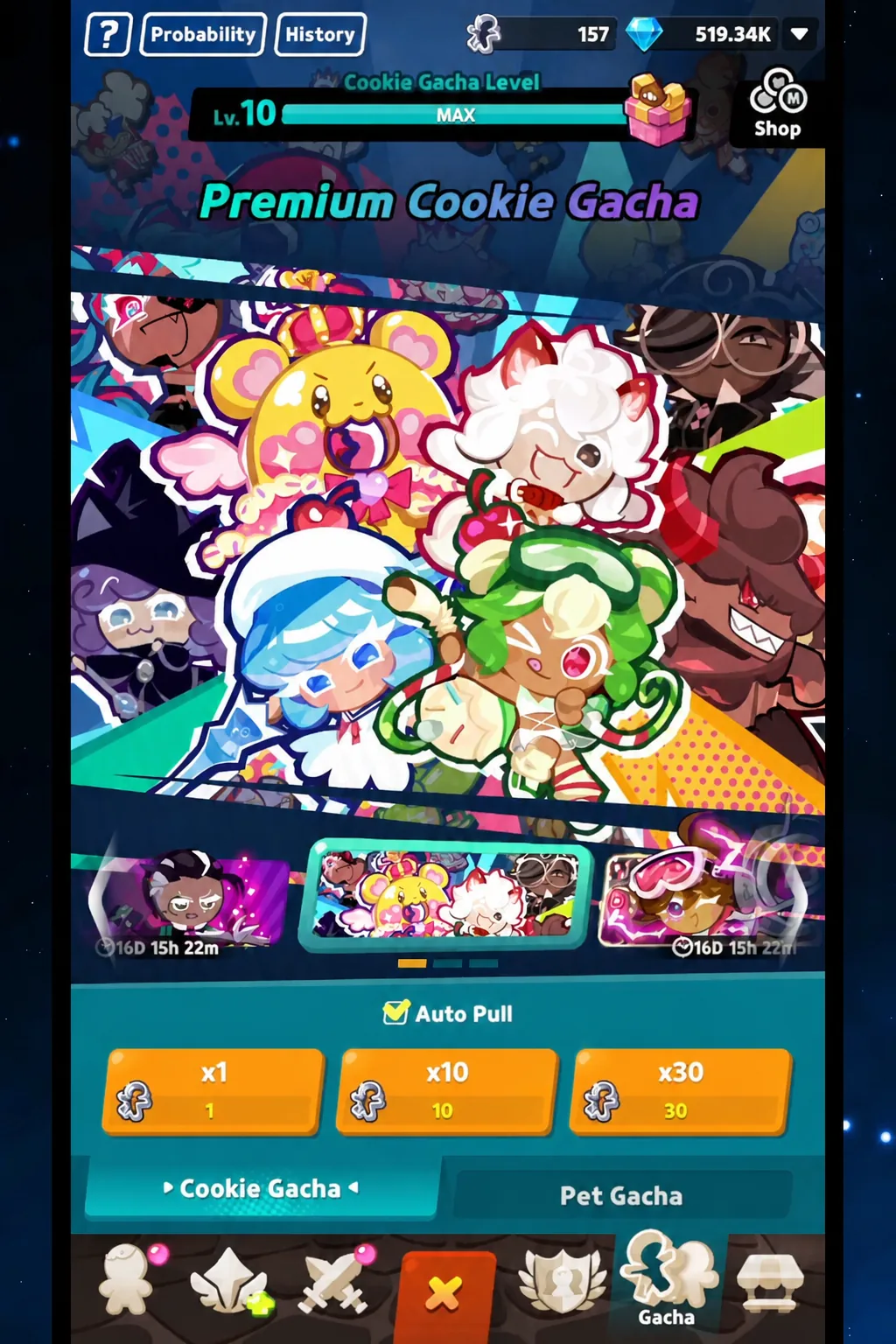Premium Cookie Gacha screen with Auto Pull enabled and x1, x10 and x30 pull options