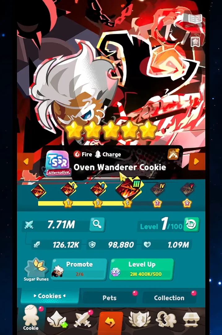 Oven Wanderer Cookie at level 7 with the green Level Up button on the character screen