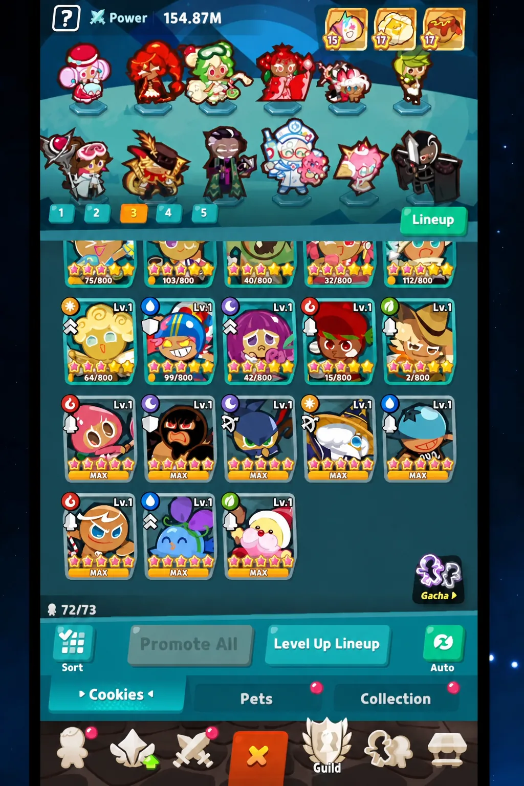 Lineup screen with the Cookies tab open showing the active team and roster
