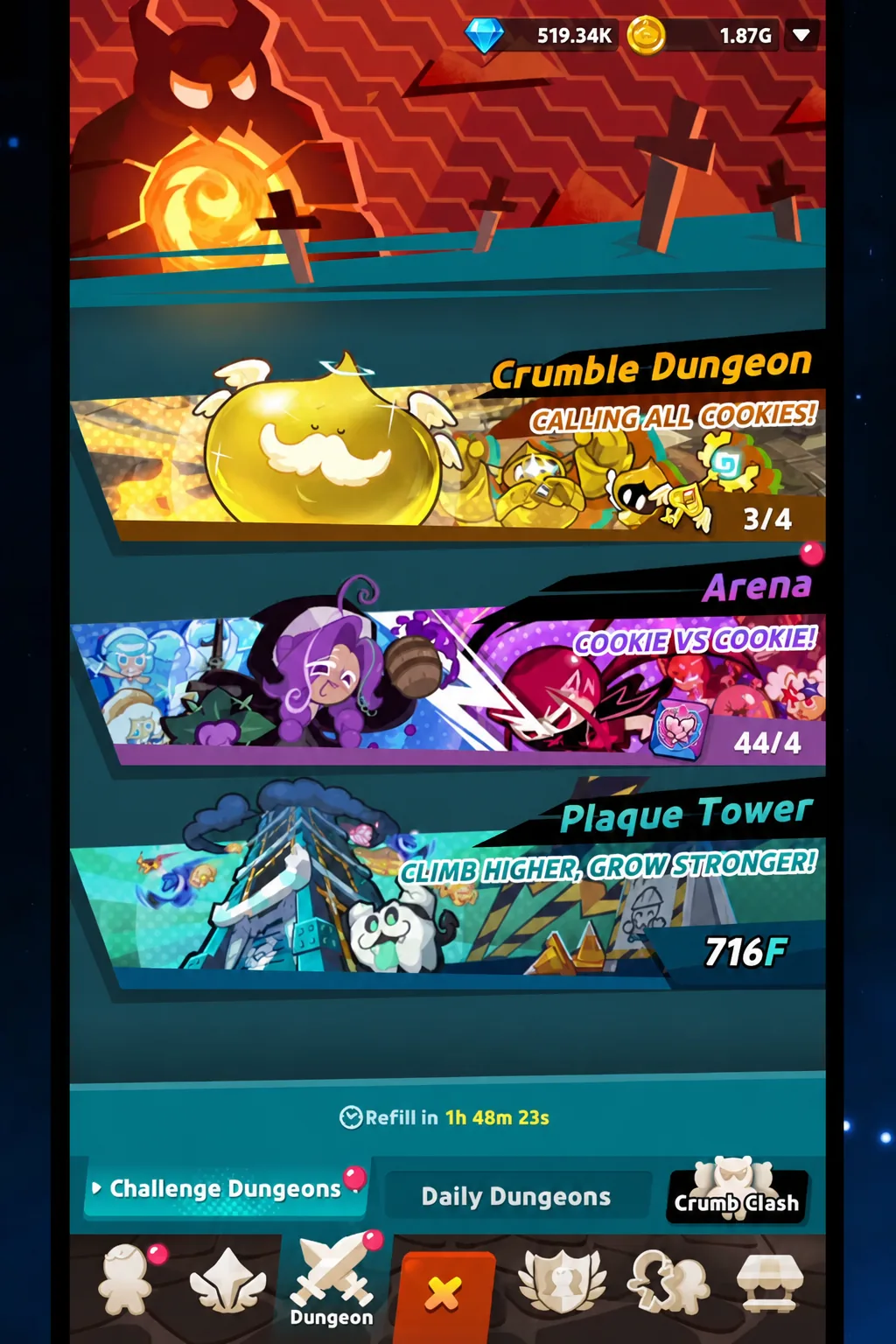 Challenge Dungeons menu showing Crumble Dungeon, Arena and Plaque Tower entries