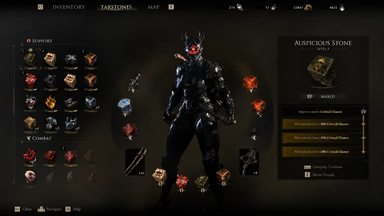 Tarstones menu with the Auspicious Stone highlighted and its upgrade levels listed
