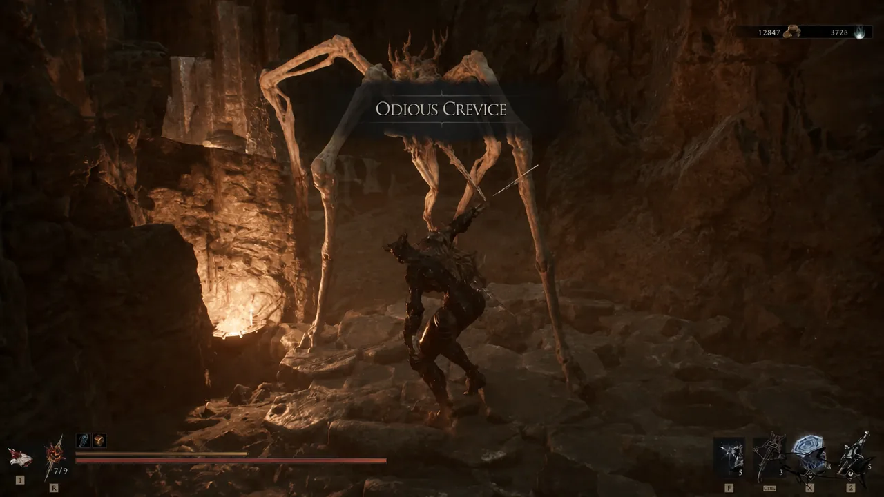 The Odious Crevice title card appears as a large spider-like enemy attacks