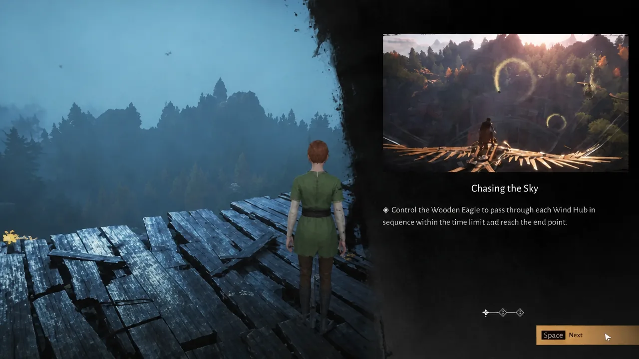 Chasing the Sky briefing screen explaining Wooden Eagle controls and Wind Hubs, with a Next prompt