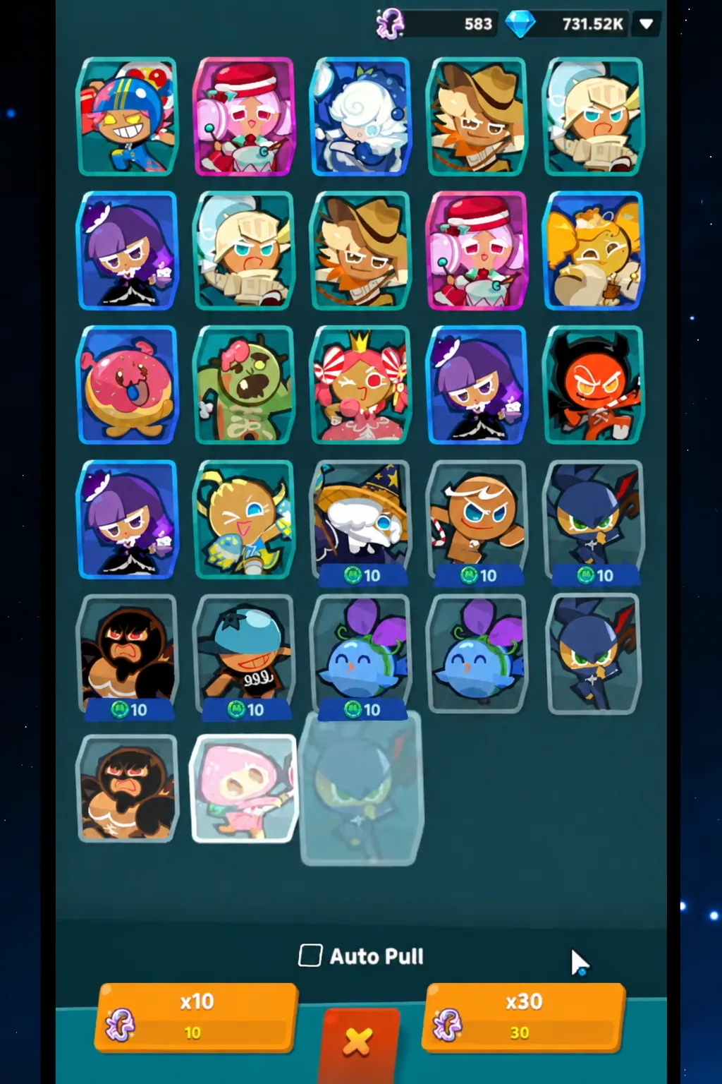 Pick-up banner screen with the featured pink cookie card selected next to x10 and x30 summon buttons
