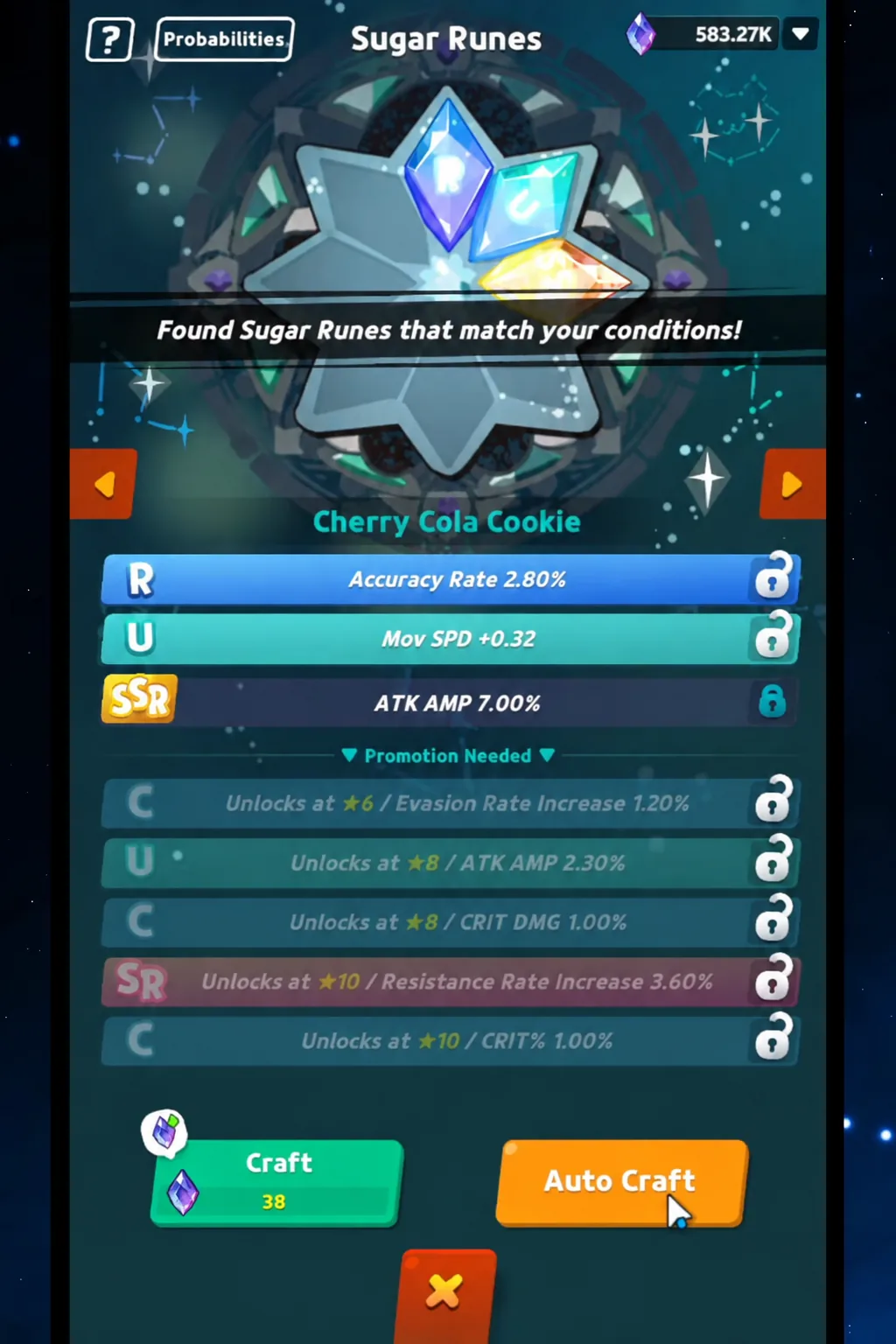 Sugar Runes screen with the Auto Craft button highlighted while a rune is being crafted