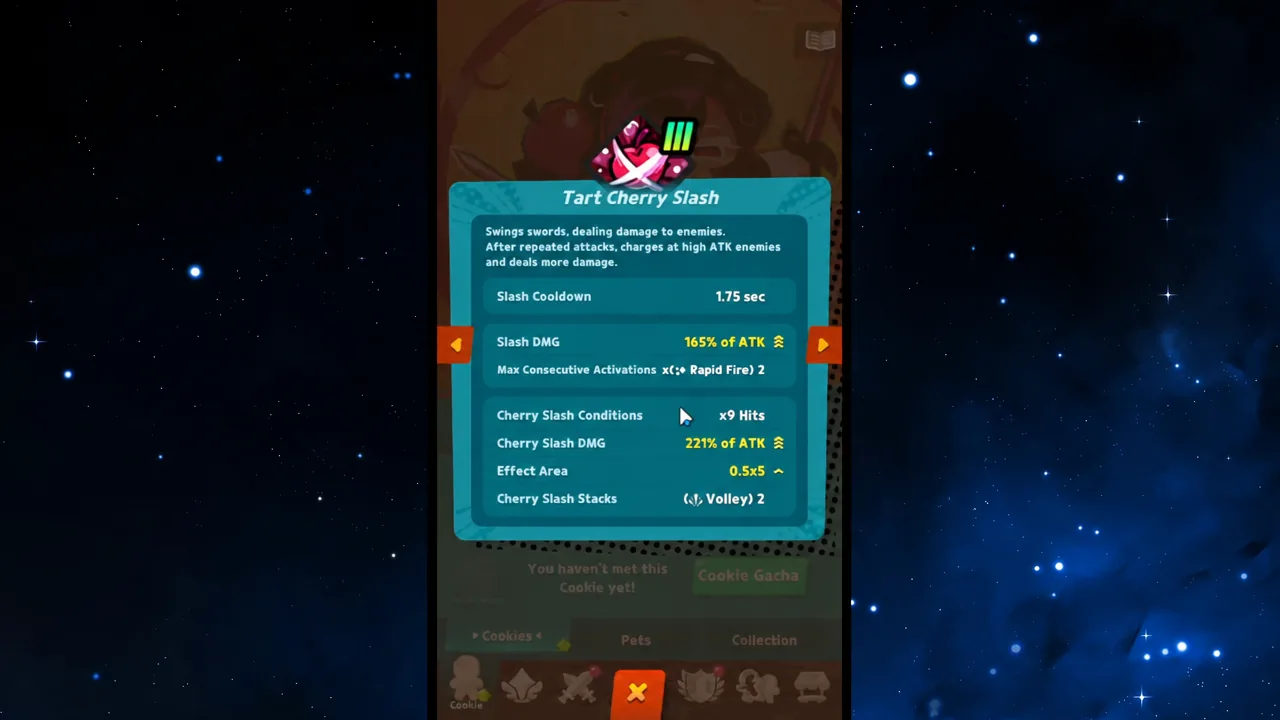 Tart Cherry Slash skill screen showing cooldown, damage, conditions, effect area and stacks