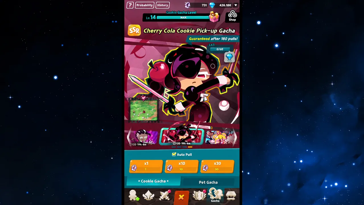 The Cherry Cola Cookie Pick-up Gacha screen, with Auto Pull enabled and the x1, x10, and x30 pull options.