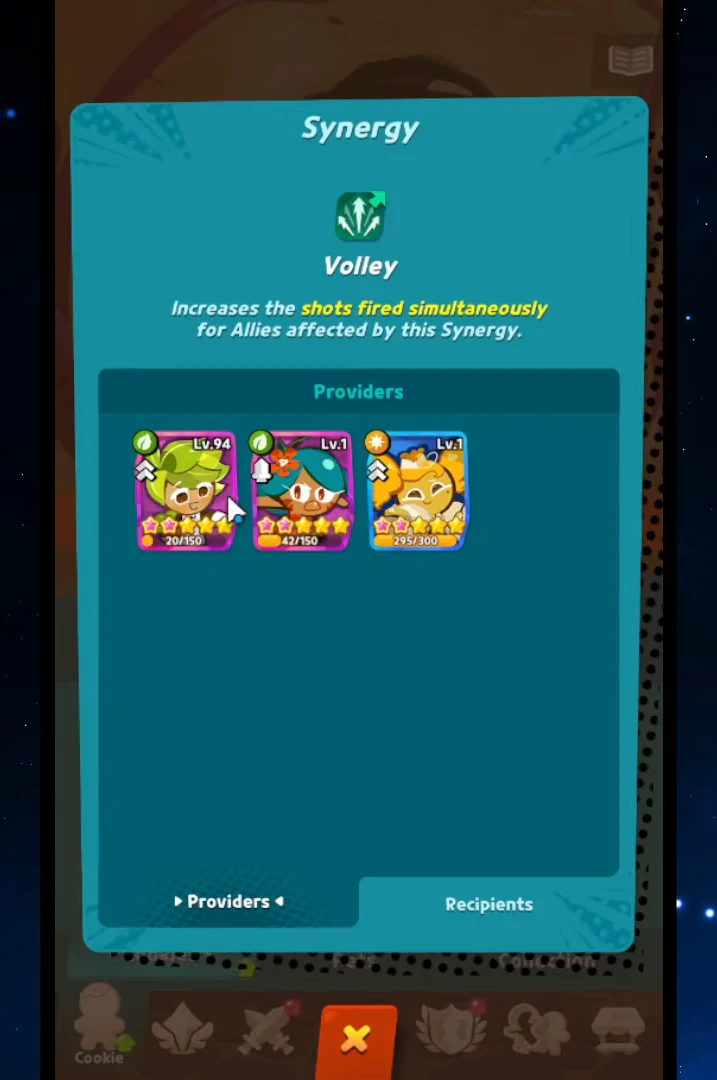 Synergy screen showing Volley with the Providers tab open, listing cookies that grant more simultaneous shots