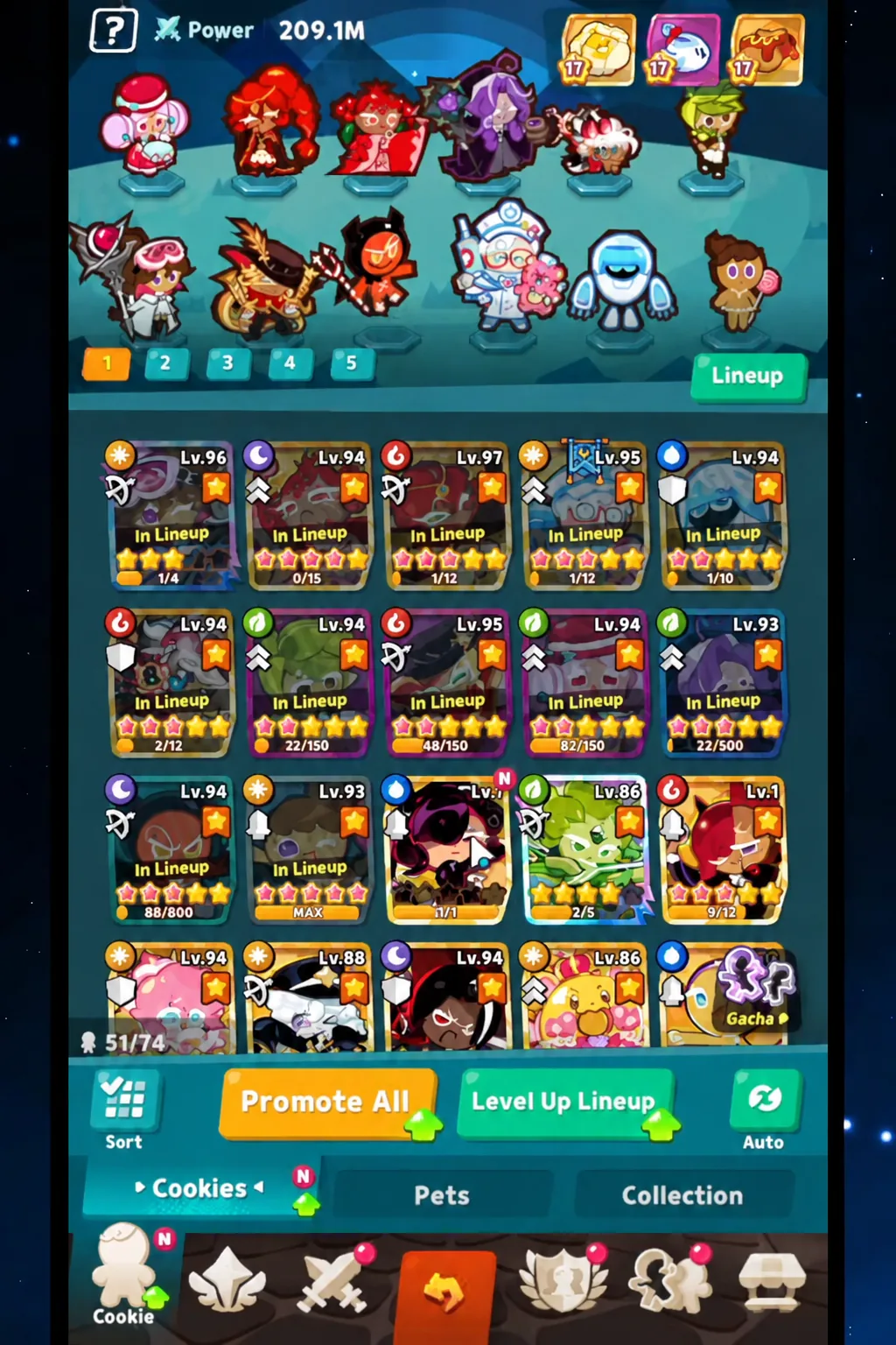 Cookies roster screen with the Cookies tab selected, showing the collected lineup ready for upgrades