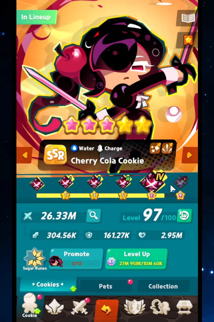 Cherry Cola Cookie detail screen at level 97 with the green Level Up button