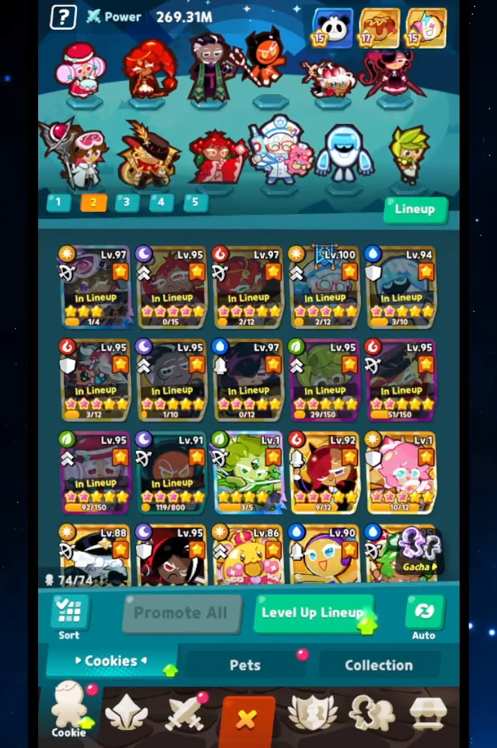 Cookies roster screen showing the current lineup with the Level Up Lineup button highlighted
