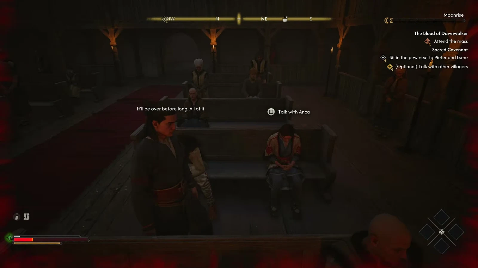 Prompt to press Square to talk with Anca inside the Laslea Glen church