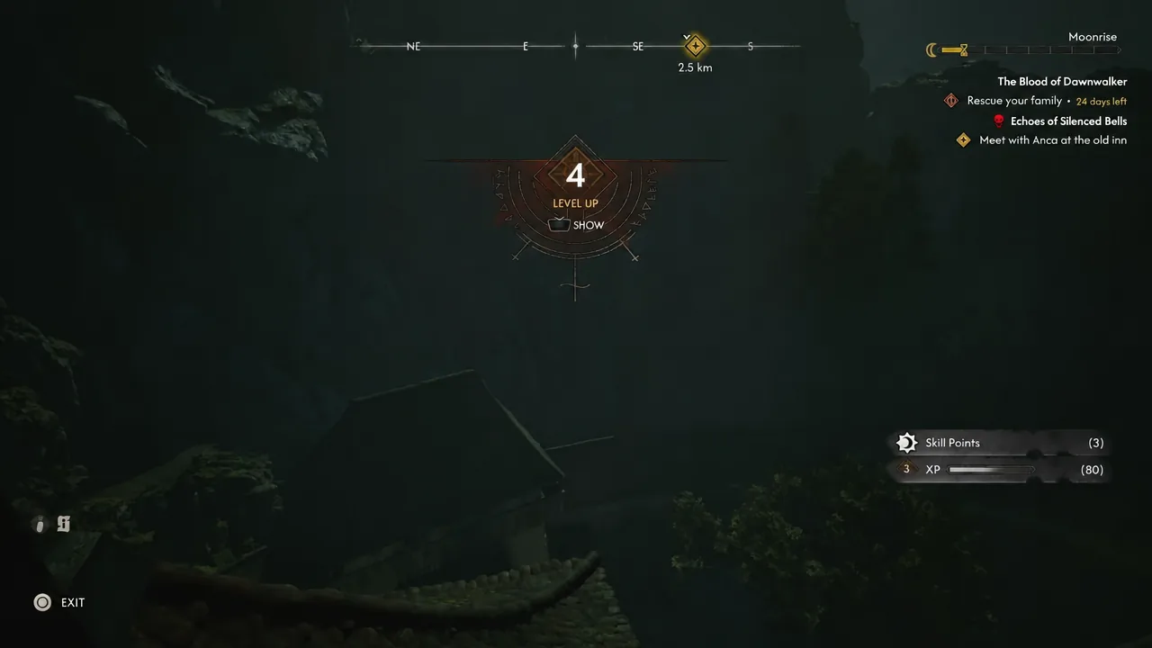 Gameplay HUD showing the Level Up notification with the SHOW prompt after finishing the tower