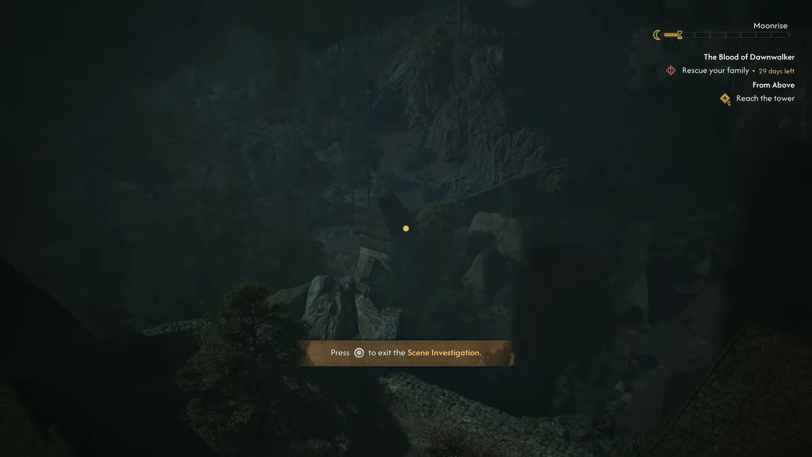 Scene Investigation view over the valley with the on-screen prompt to press the exit button