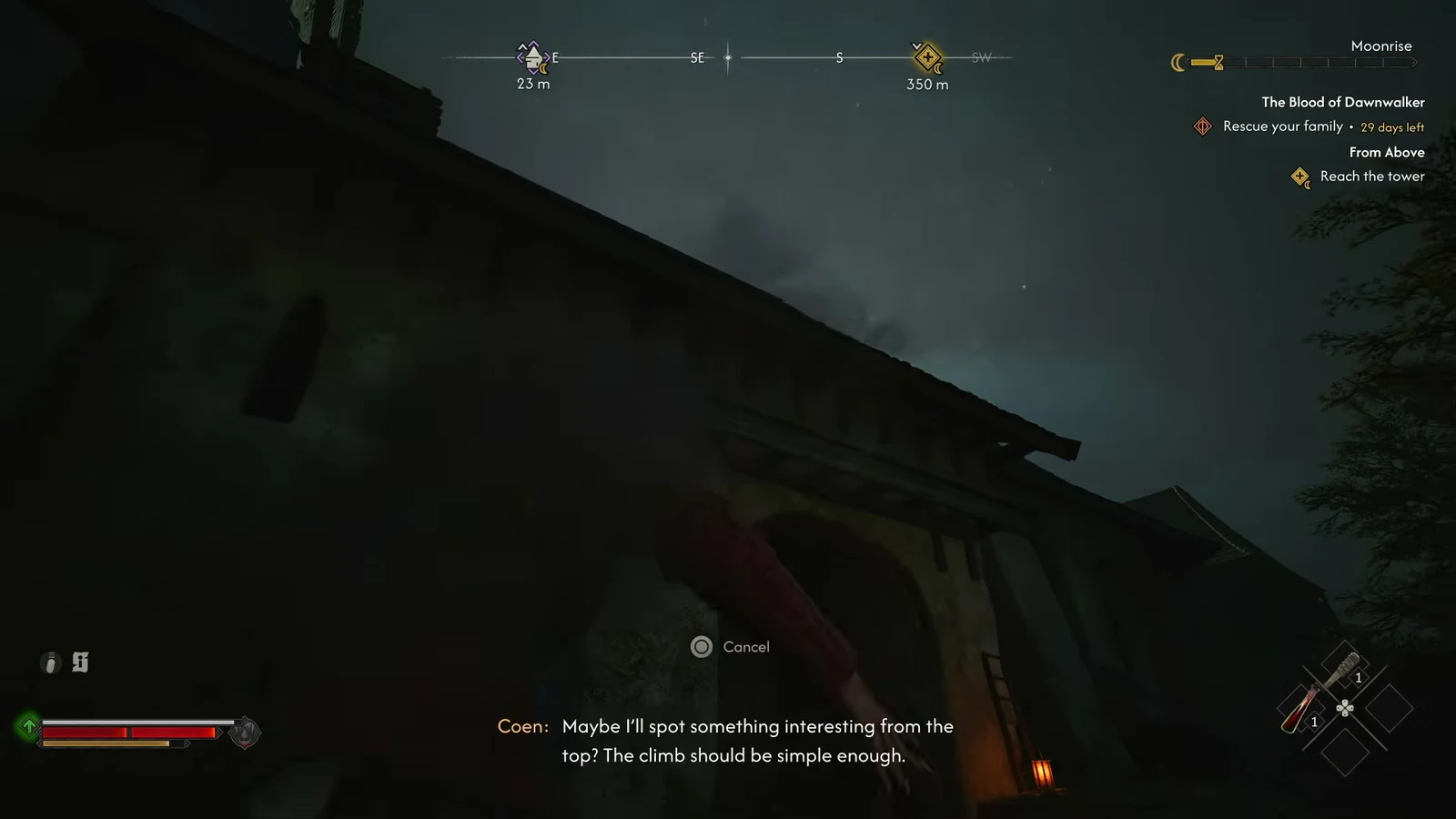 Coen scaling the side of the church toward the roof with the Reach the tower objective on screen