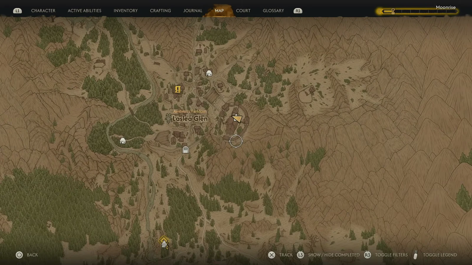Map screen zoomed into Laslea Glen with the player marker beside a building and a yellow quest marker