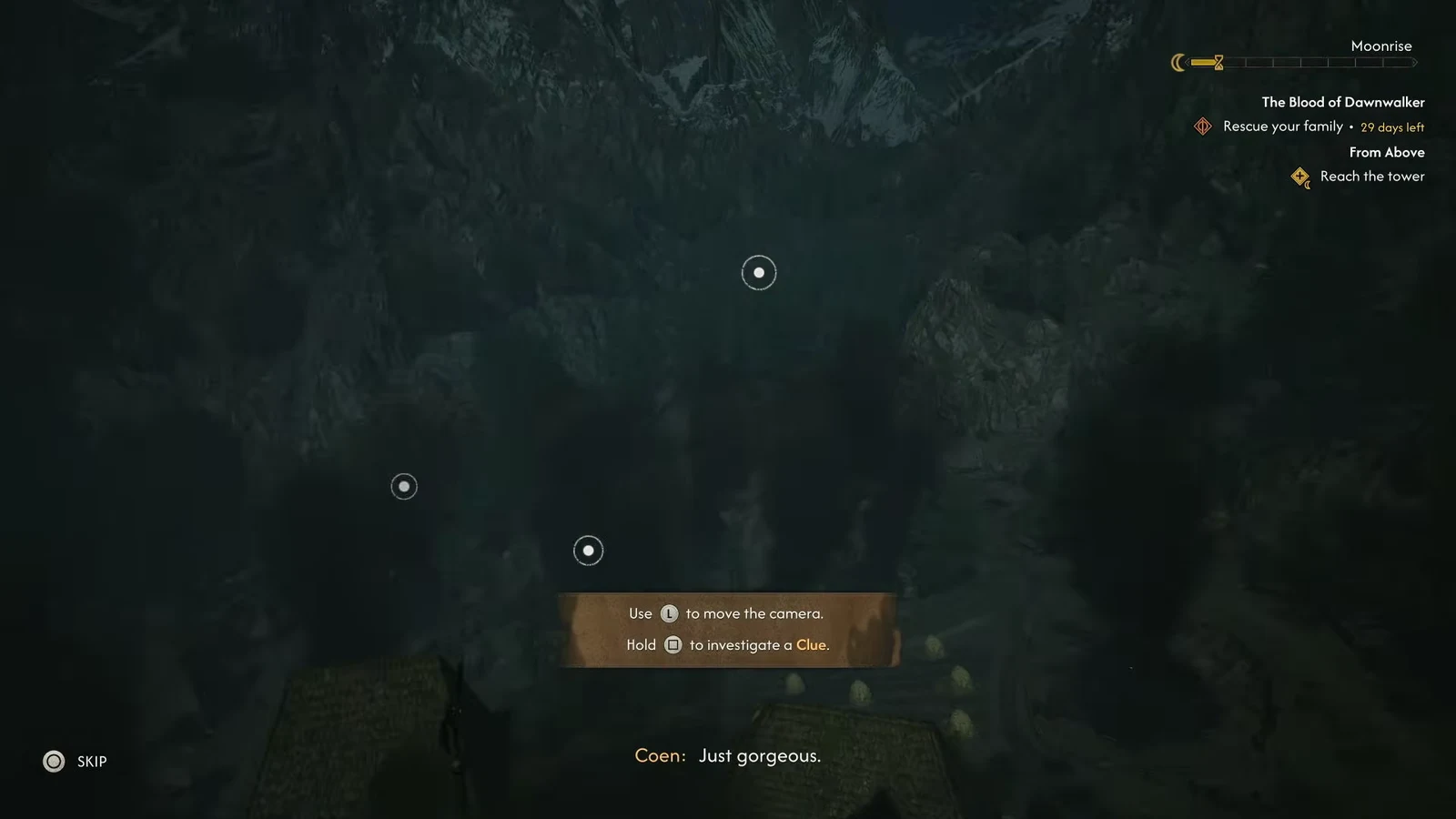 Tutorial prompt explaining how to move the camera and hold the button to investigate a clue