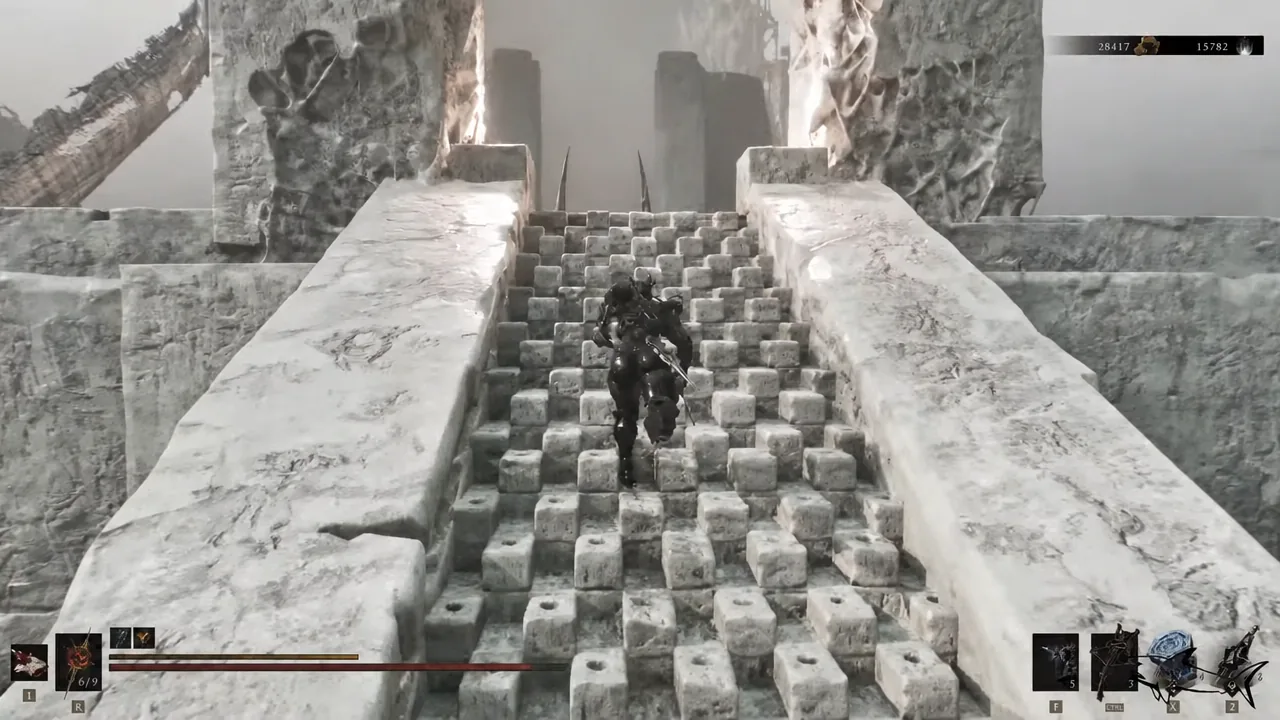 Armored character climbing a long stone staircase toward the citadel walls