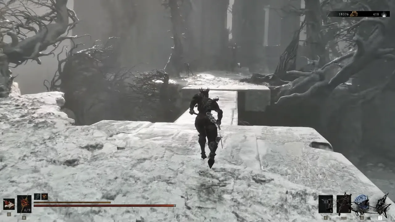 The Harbinger runs across an open stone platform toward the narrow bridge in the Ashen Sanctum