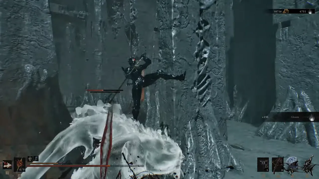 Player swinging at a large pale creature inside a bone-strewn arena