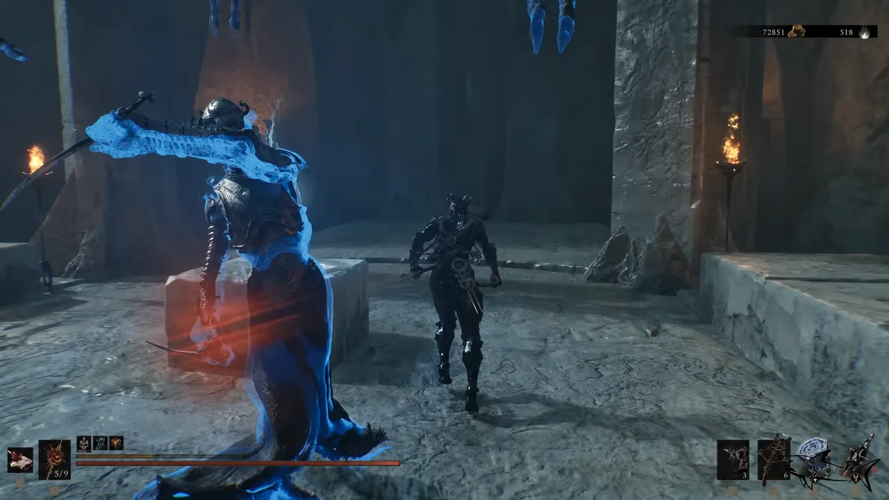 Player aims a ranged weapon at a spectral enemy closing in inside the Ashen Sanctum ruins