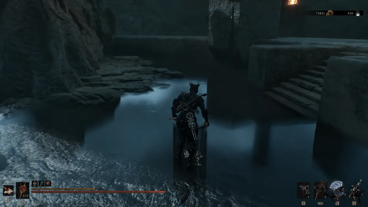 Character crossing a narrow stone span above flooded ruins toward the stairs leading to a beacon