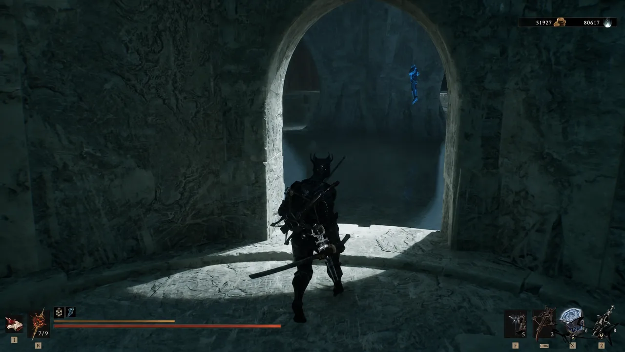 Character heading through a stone archway toward a blue glowing object near the elevator route