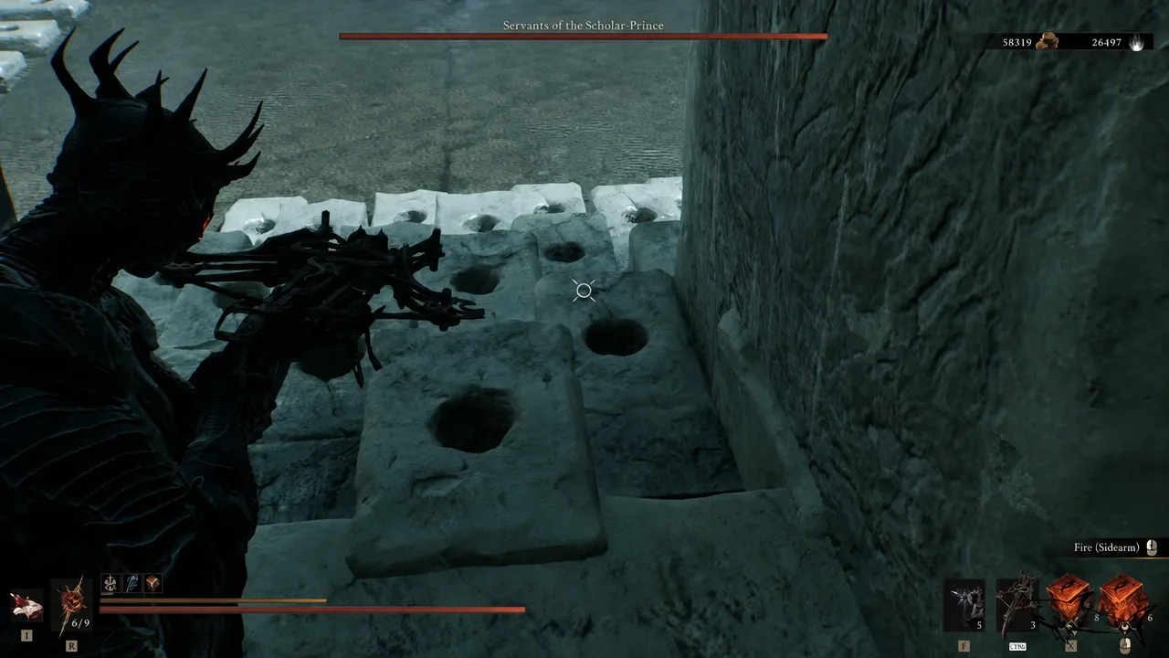 Servants of the Scholar-Prince health bar on screen as the player lines up a Sidearm shot from a ledge