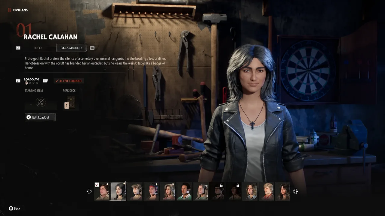 Rachel Calahan's character profile on the Civilians screen with the Background tab selected