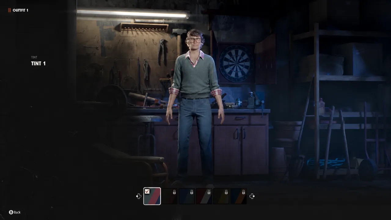 Outfit customization screen with the first tint swatch selected for a Civilian's outfit