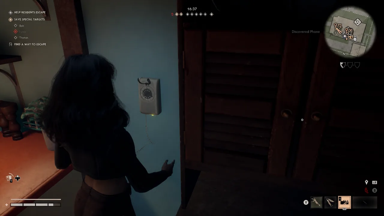 A wall-mounted rotary phone highlighted for interaction inside a Haddonfield house
