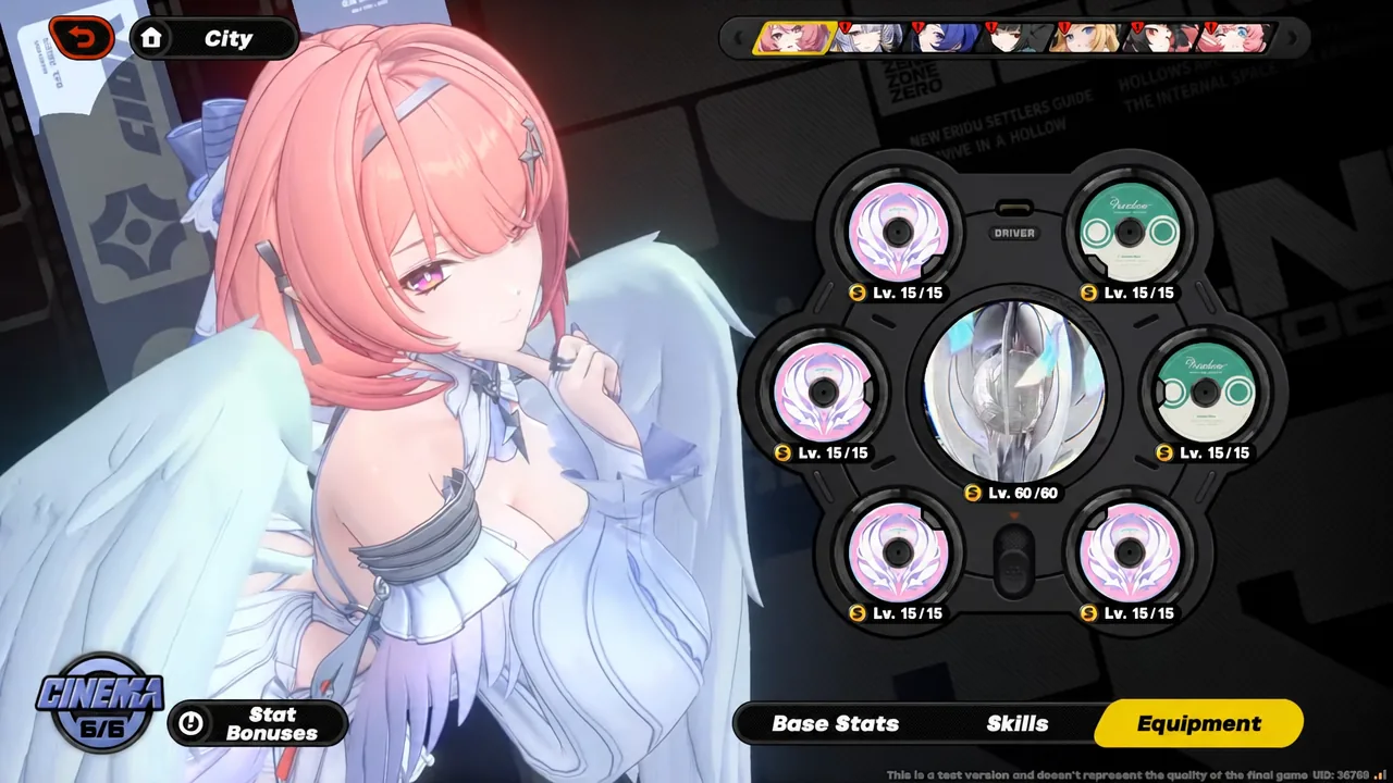 City Equipment tab open showing the character's equipped Drive Discs