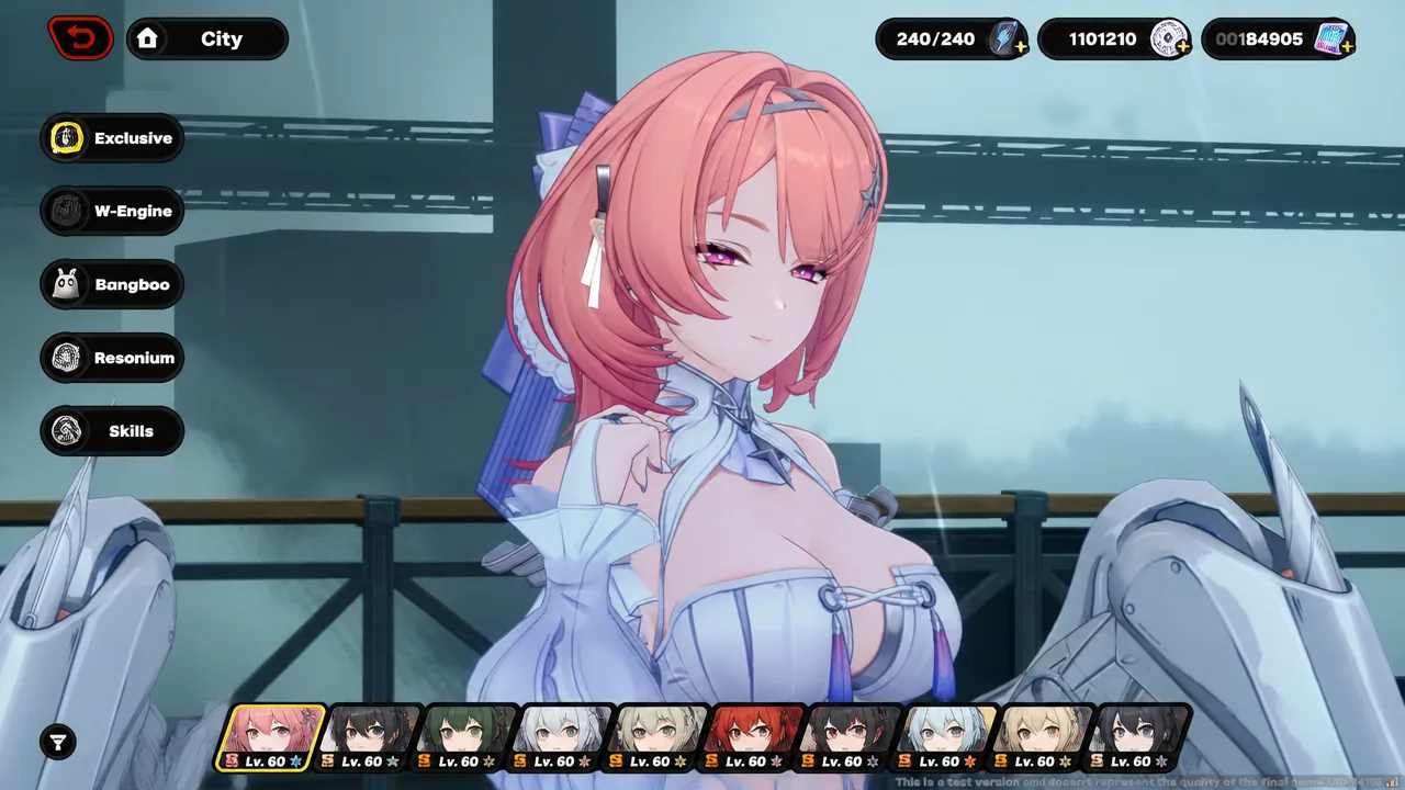City screen with the Exclusive tab selected while viewing the character roster