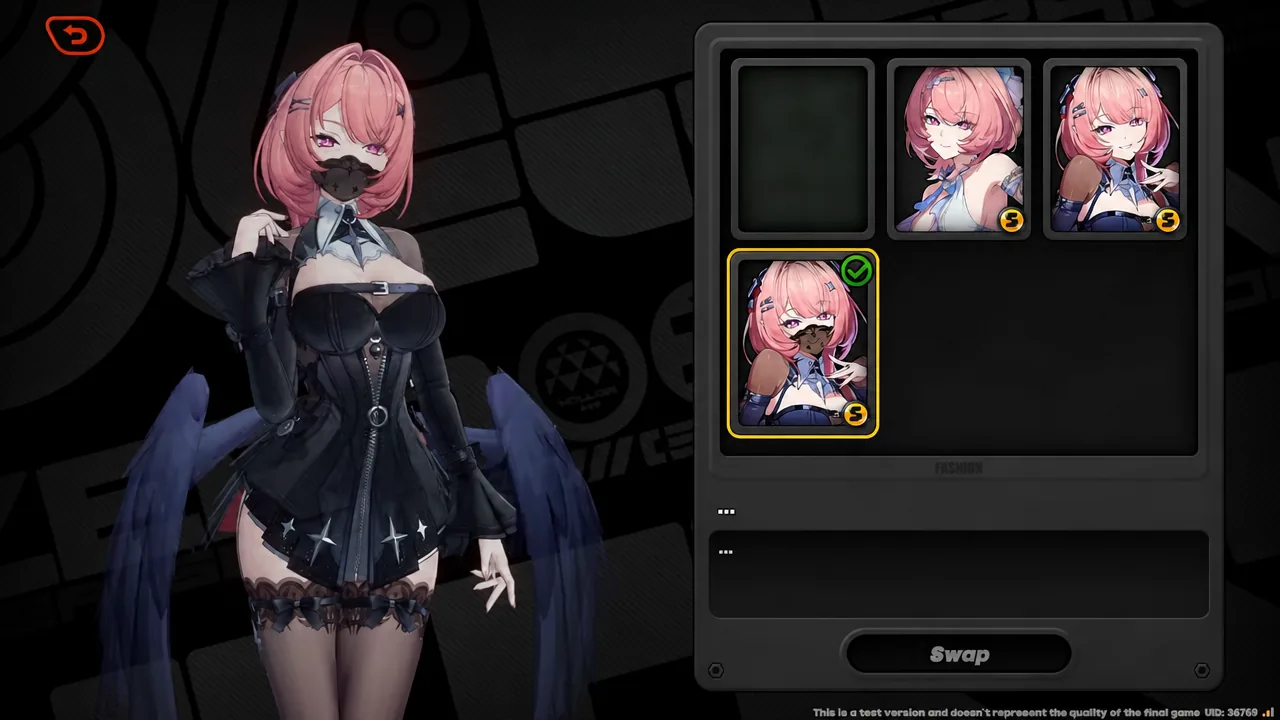Fashion screen with the bottom-left character card highlighted by a green check for outfit selection