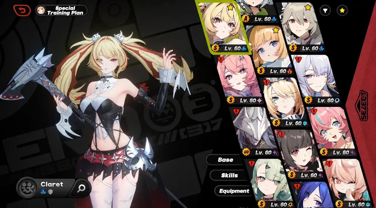 Special Training Plan screen with Claret selected and her level 60 character details open
