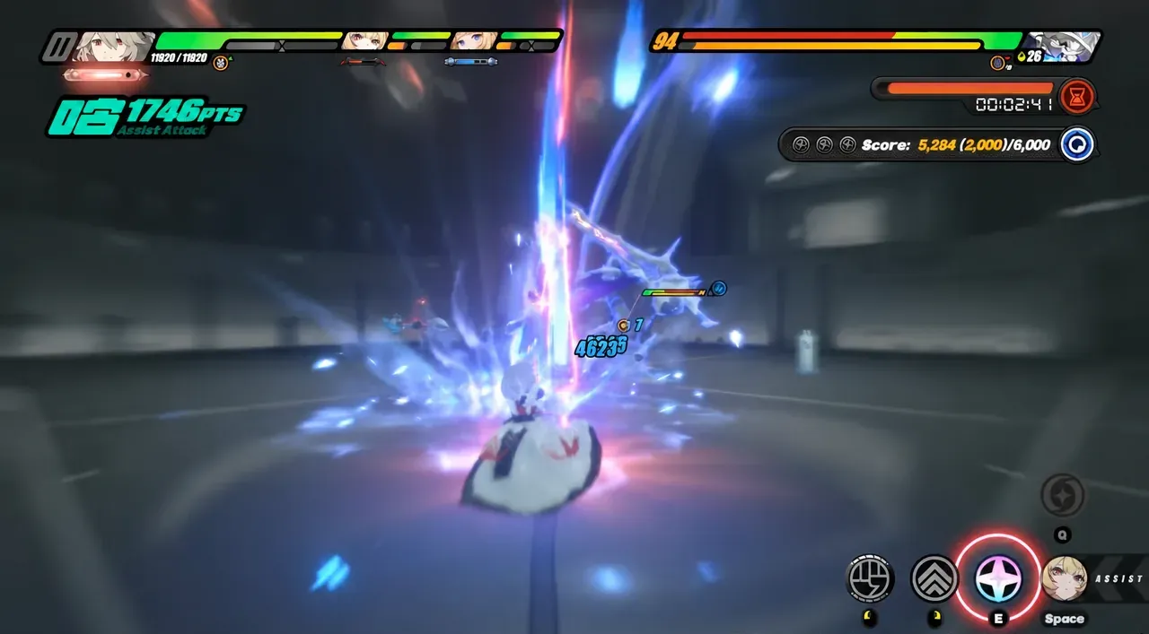 Battle screen with the glowing E ability prompt lit as the agent strikes the boss