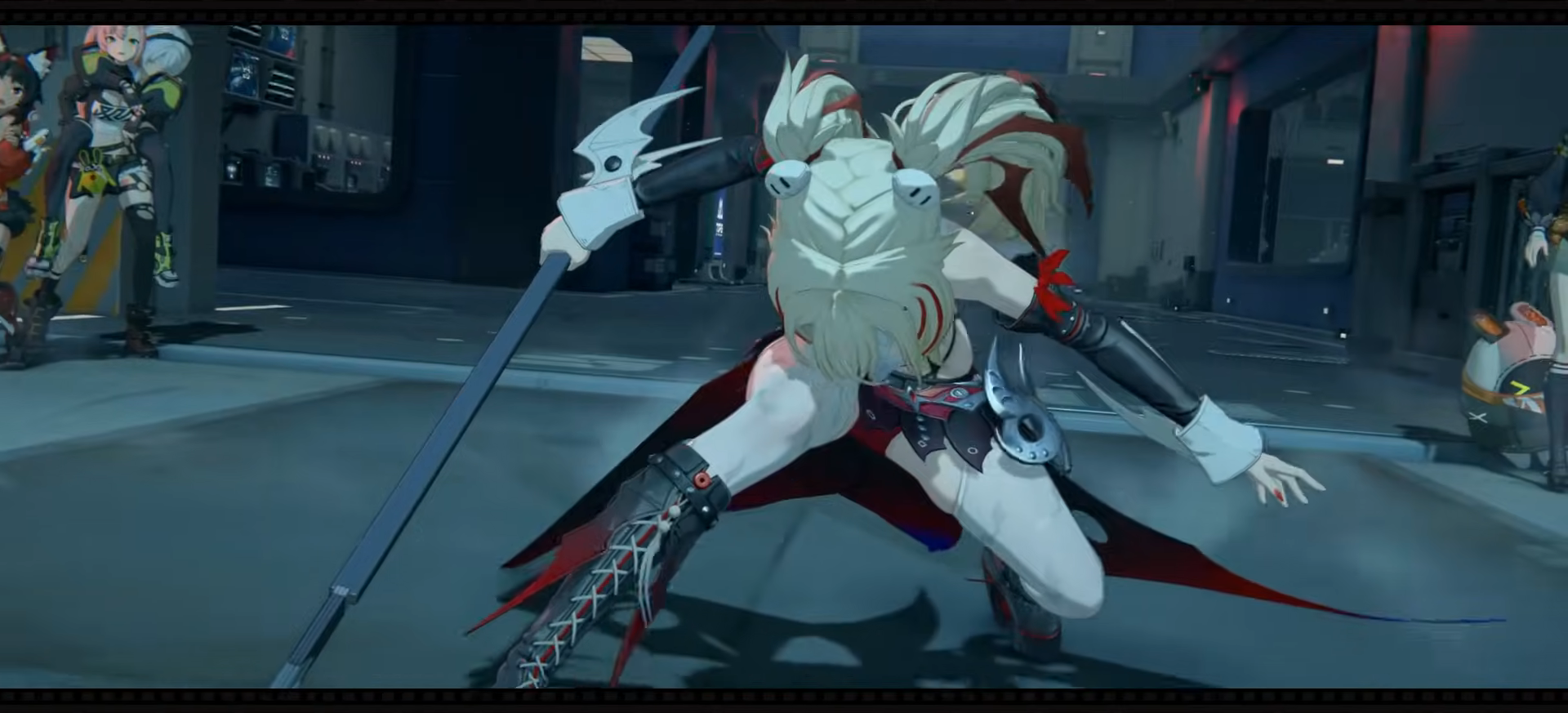 Claret swinging her large red dual-bladed scythe at a rogue mech during a Version 3.2 cutscene