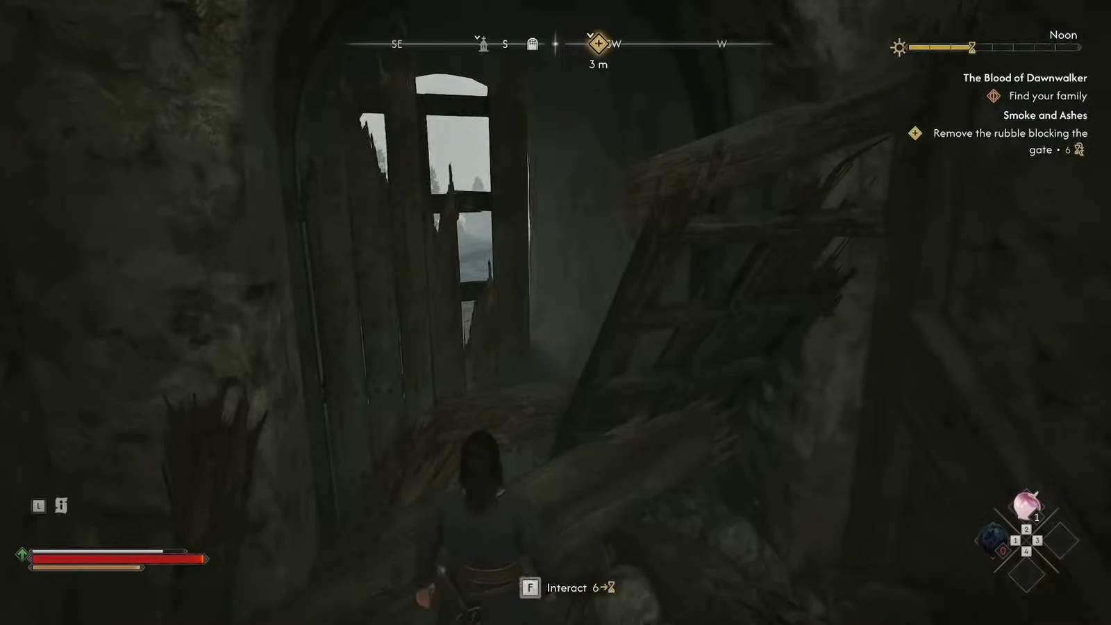 Interact prompt shown on the rubble blocking the village gate during Smoke and Ashes