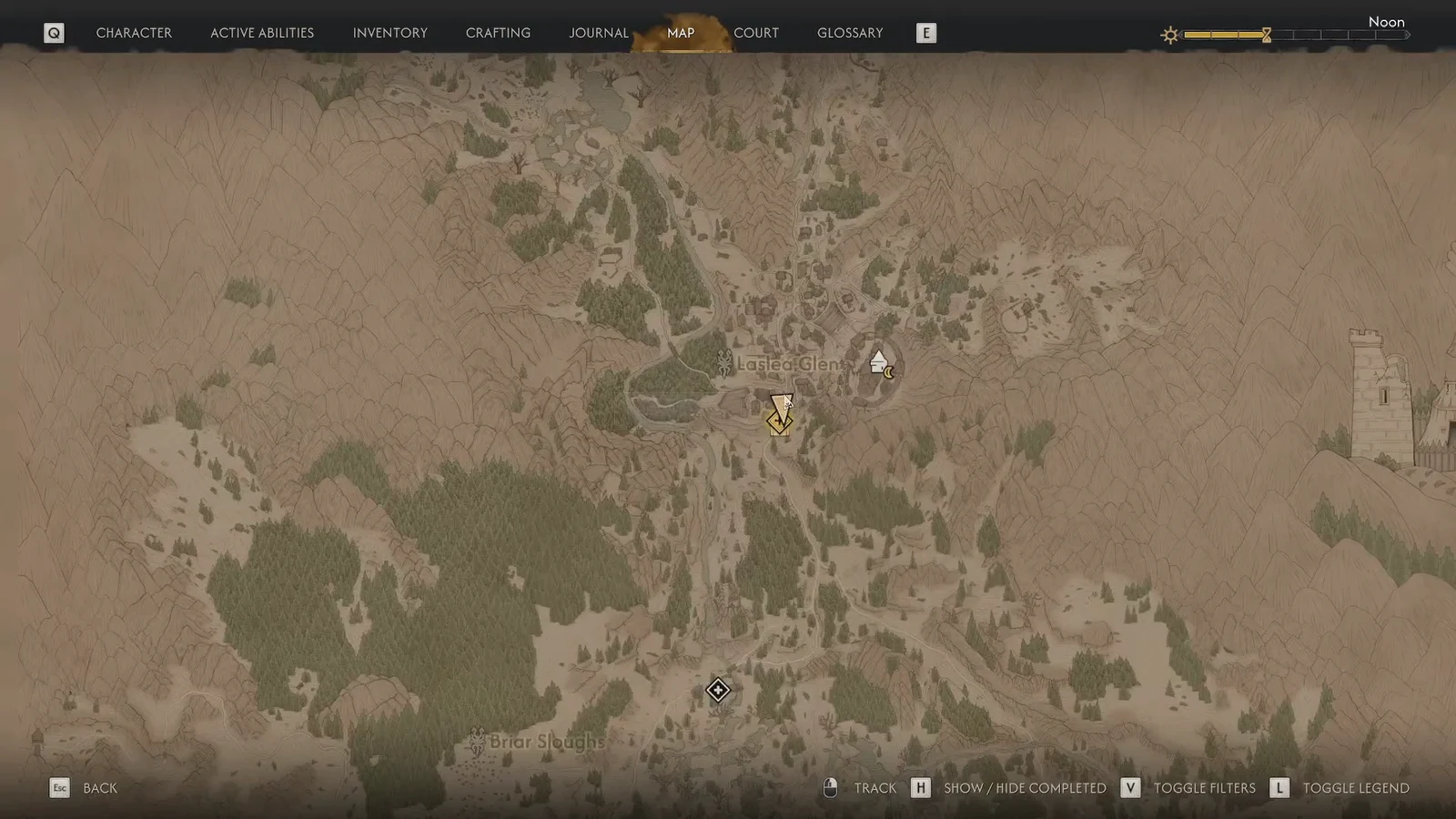 Map screen centered on Lasleo Glen with the quest marker selected