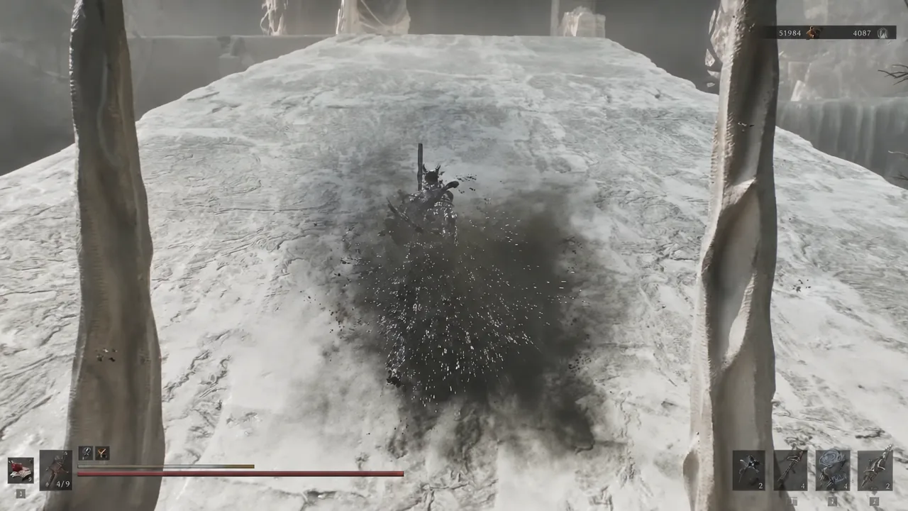 Player character landing a heavy attack with a dark impact effect during the rooftop mini-boss fight