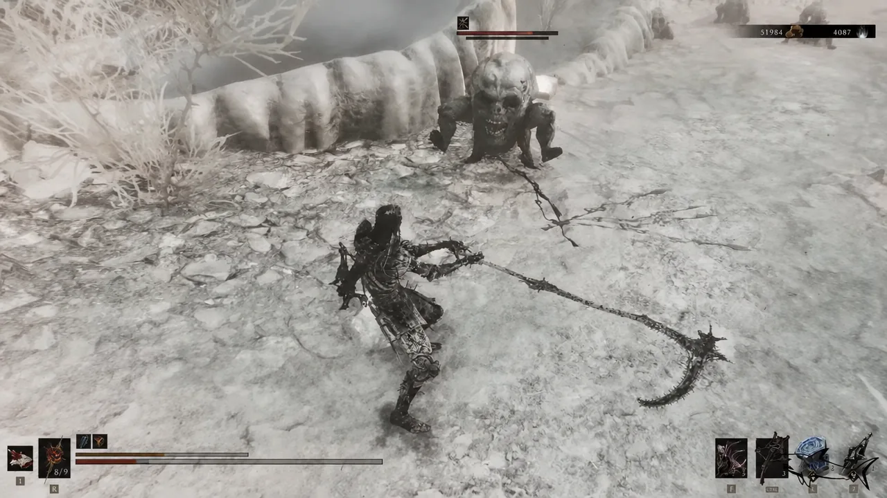 The Clockwork Scythe mid-swing against a skeletal enemy in a snowy area of Mortal Shell 2