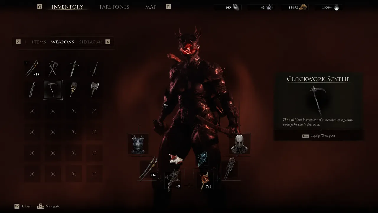 Inventory Weapons tab with the Clockwork Scythe selected and the Equip Weapon prompt visible